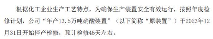 迪尔化工“年产13糊了麻将5万吨硝酸装置”于2023年12月31日开始停产检修(图1)